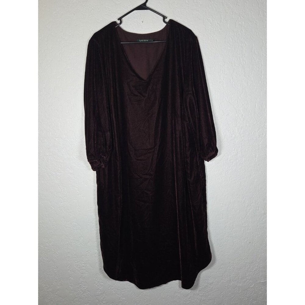 Lauren Ralph Lauren Size 20W Burgundy Velvet Dress V Neck 3/4 Sleeve